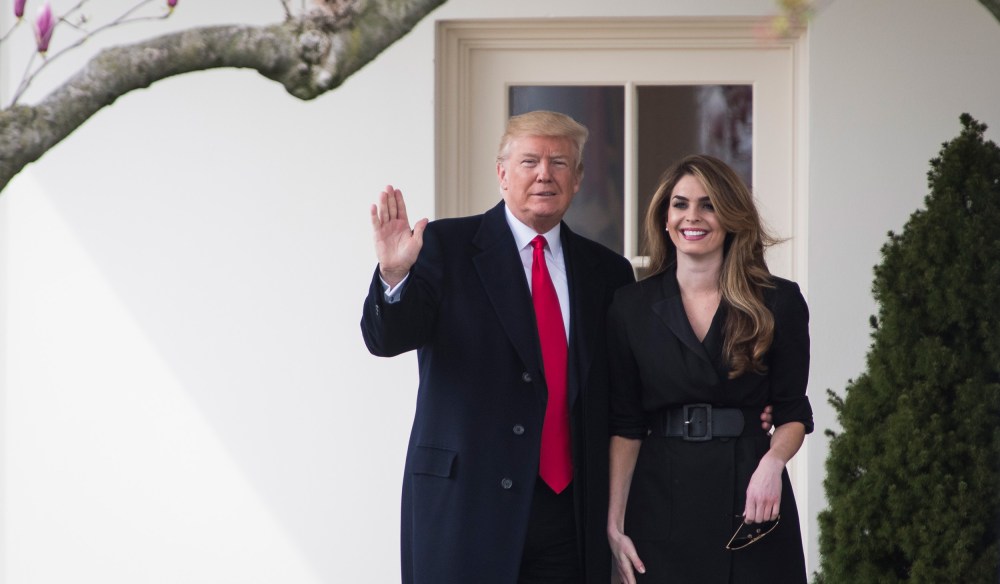 Image: President Donald J. Trump waves beside White House Communications Director Hope Hicks as he walks from the Oval Office to board Marine One to depart from the South Lawn of the White House