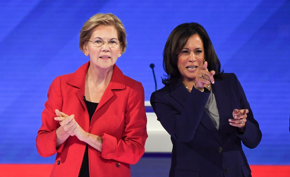 Then-Senator Elizabeth Warren and then-Senator Kamala Harris at the Democratic primary debate