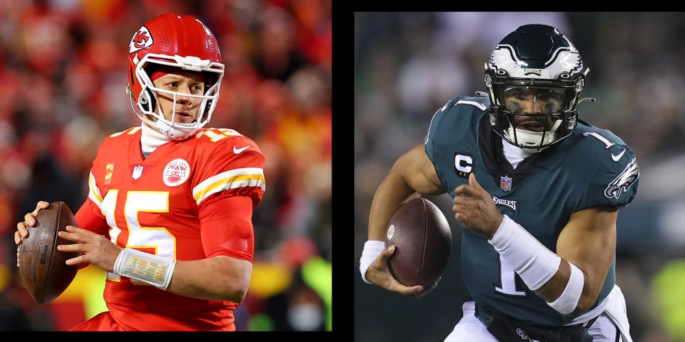 A side by side of Patrick Mahomes and Jalen Hurts.