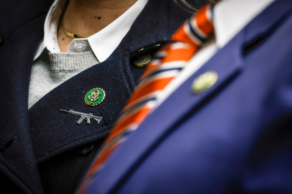 Rep. Anna Paulina Luna, R-Fla.,  wears a rifle shaped pin at a hearing with the House Oversight and Reform Committee in the Rayburn House Office Building on Feb. 1, 2023.