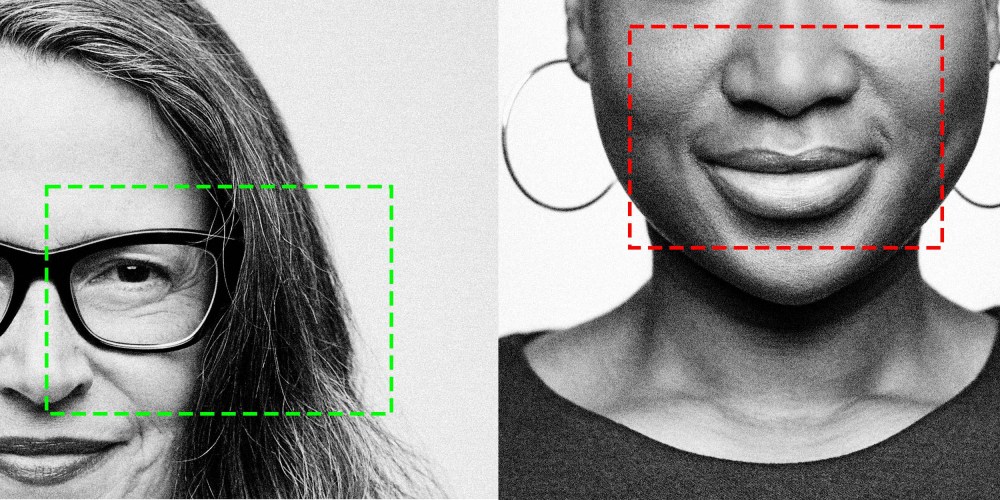 Photo Illustration: A white woman and Black woman with AI boxes over their facial features
