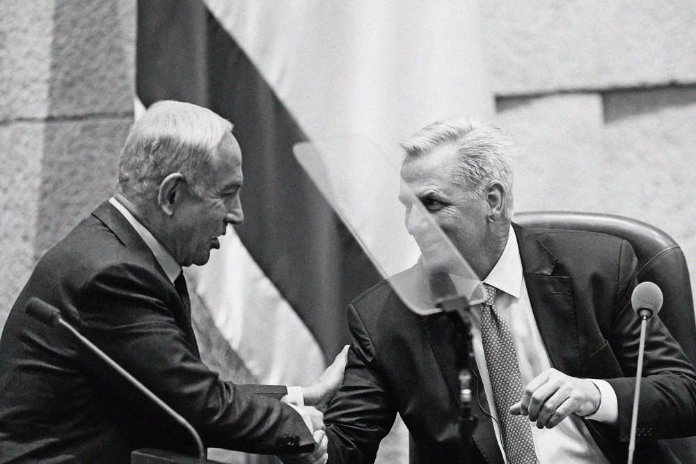 Israeli Prime Minister Benjamin Netanyahu and U.S. House Speaker Kevin McCarthy during a session of the Knesset in Jerusalem, on May 1, 2023.