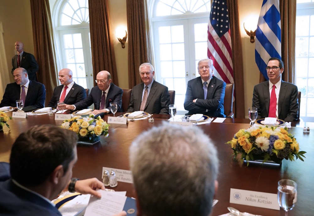 From left, Gary Cohn, H.R. McMaster, Wilbur Ross, Rex Tillerson, Donald Trump and Steve Mnuchin in the Cabinet Room