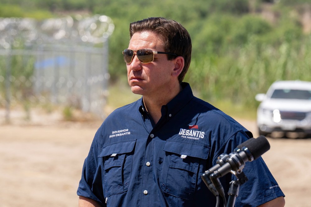 Florida Gov. Ron DeSantis during a news conference near the Rio Grande River in Eagle Pass, Texas, on June 26, 2023.