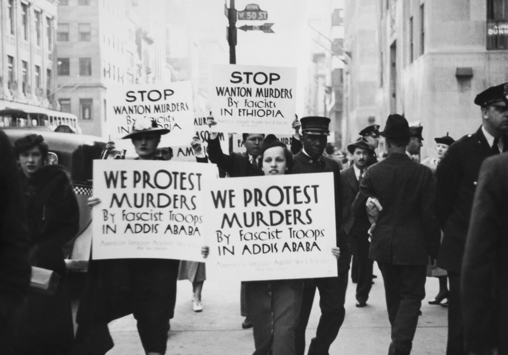Members of the American League Against War and Fascism picket the Italian Consulate