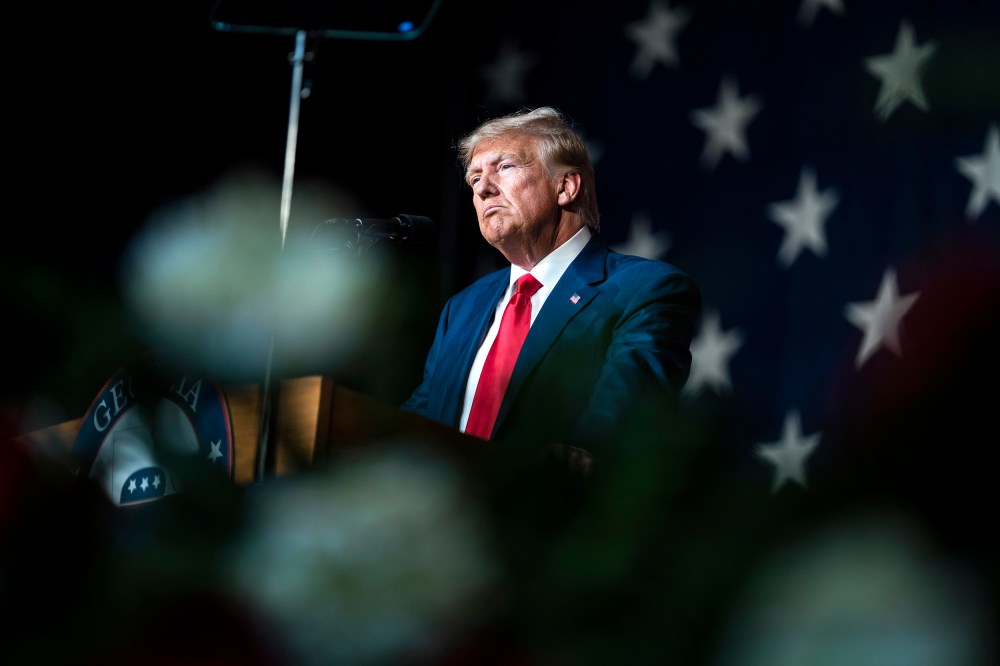 Former president Donald Trump speaks at the Georgia Republican Party's state convention on Saturday, June 10, 2023 in Columbus, GA.