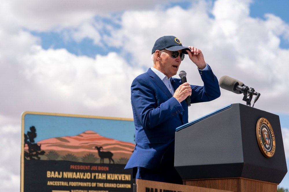 President Joe Biden speaks while designating the Baaj Nwaavjo I'Tah Kukveni National Monument in Tusayan, Ariz.