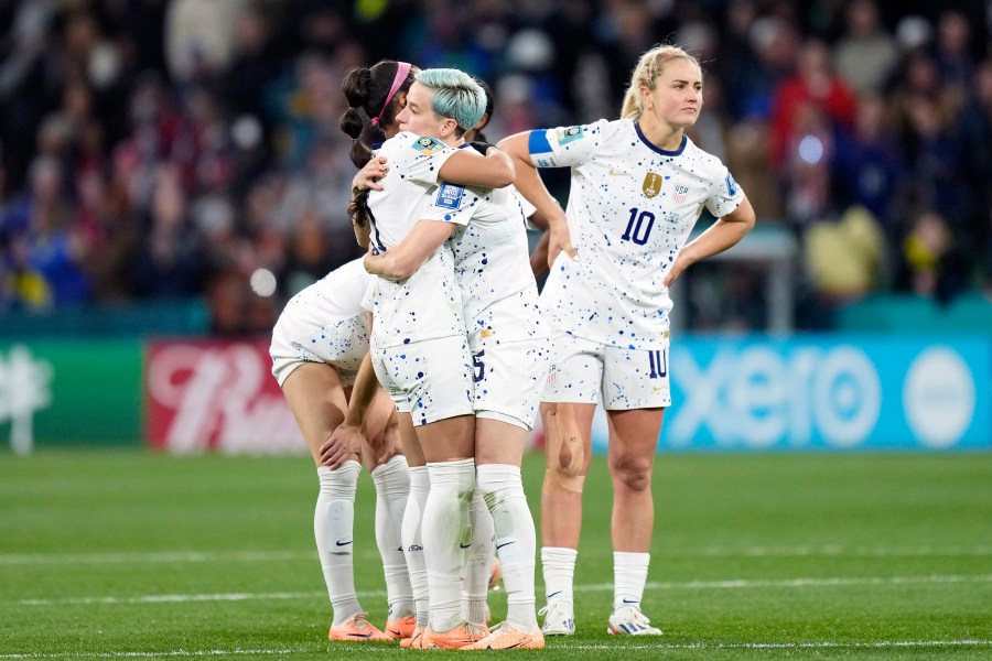 From left, Sophia Smith of USA and Portland Thorns, Megan Rapinoe of USA and OL Reign and Lindsey Horan of USA and Olympique Lyonnais after losing the FIFA Women's World Cup Australia & New Zealand 2023 Round of 16 match between Winner Group G and Runner