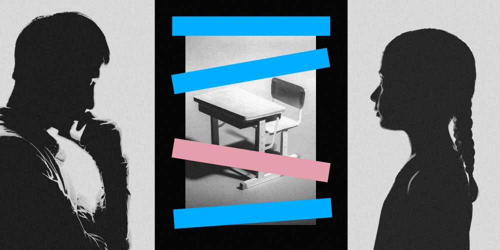 Collage of silhouette of parent, classroom desk, and young student