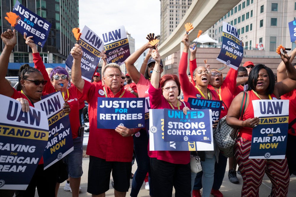 United Auto Workers members attend a solidarity rally as the UAW strikes the Big Three automakers on September 15, 2023 in Detroit, Michigan. This is the first time in history that the UAW is striking all three of the Big Three automakers, Ford, General Motors, and Stellantis, at the same time.