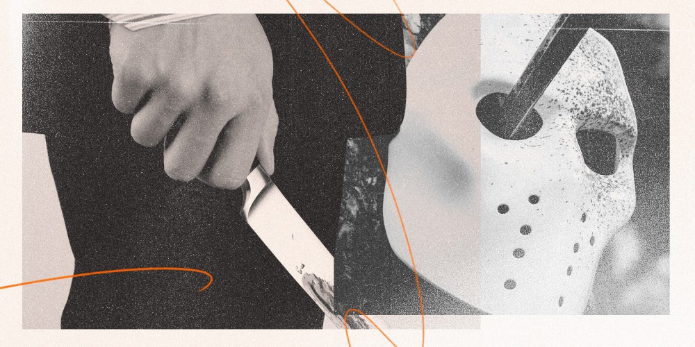 Collage of man holding knife and Freddy Krueger mask