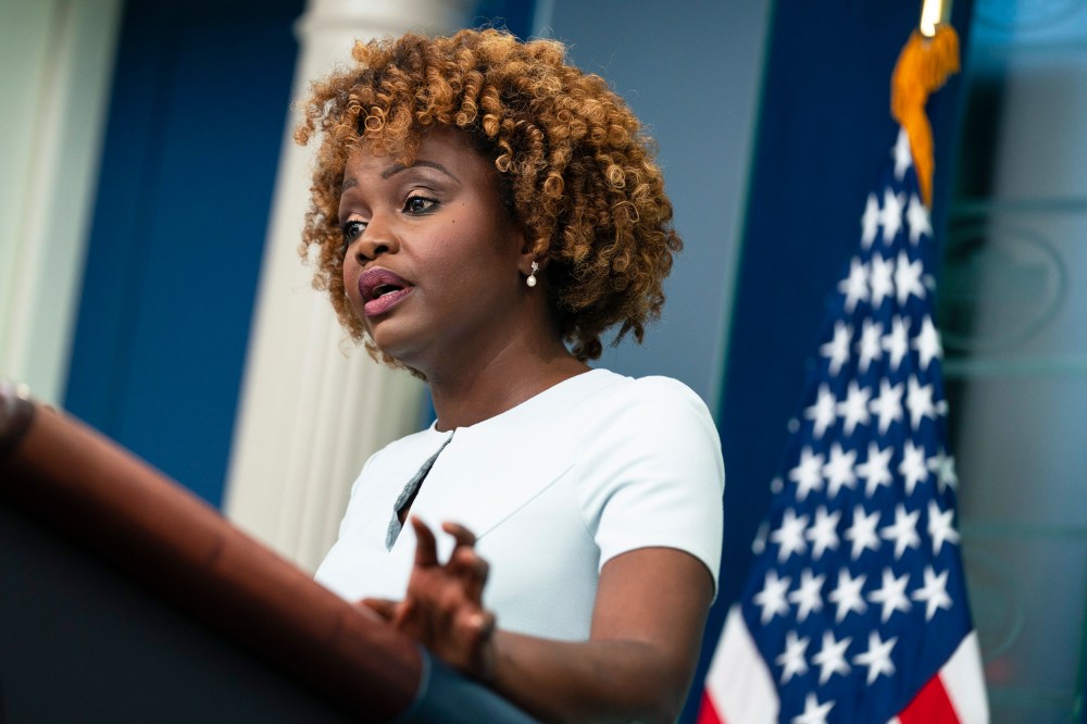Karine Jean-Pierre speaks at a podium
