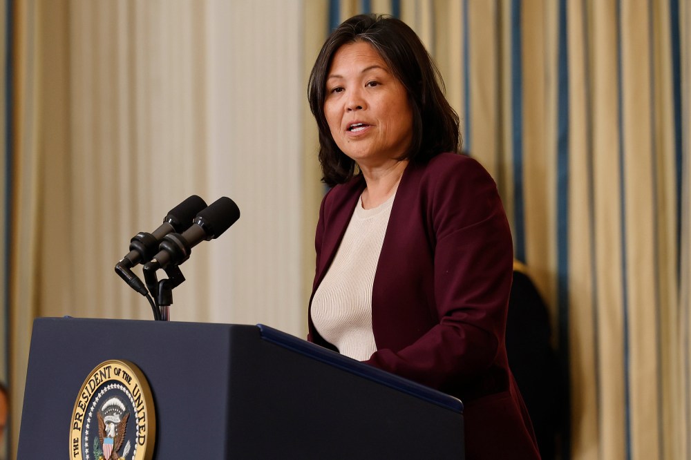 Acting Labor Secretary Julie Su speaks at the White House on Oct. 31, 2023.