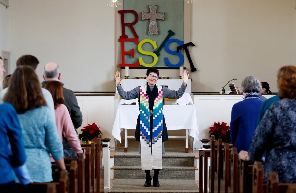 Cynthia Good, Pastor at Calvary United Methodist Church in Arlington, Mass., speaks to her congegration.