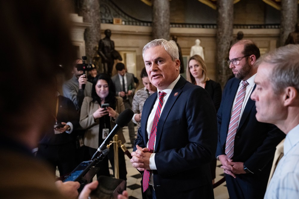 James Comer speaks to reporters at the Capitol.