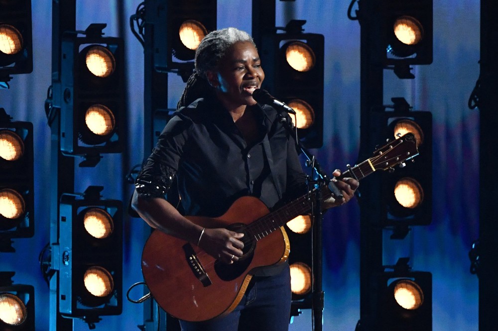 Tracy Chapman performs on stage during the Grammy Awards.