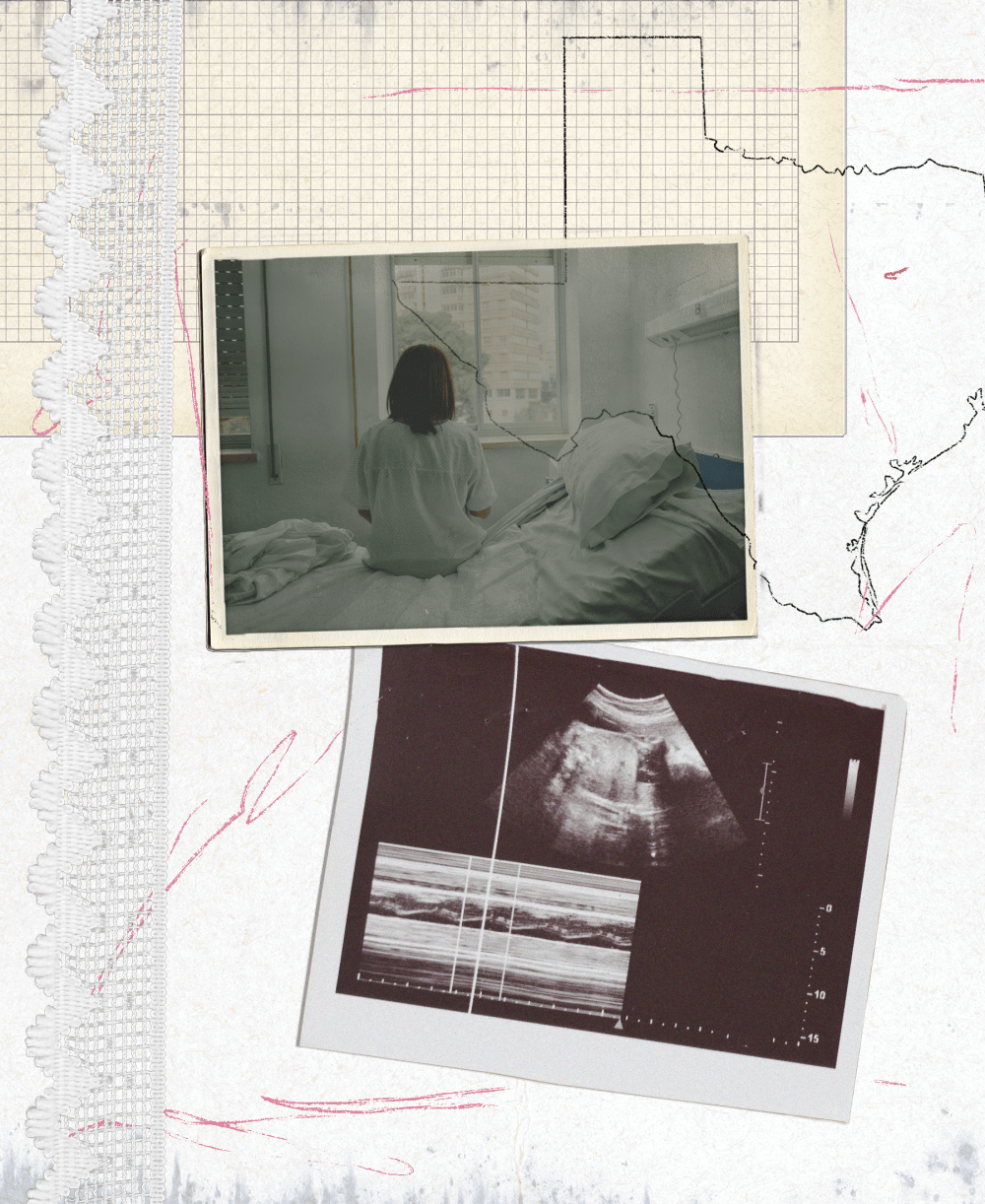 PHoto collage of a woman sitting in a hospital bed; a sonogram; and the state shape of texas