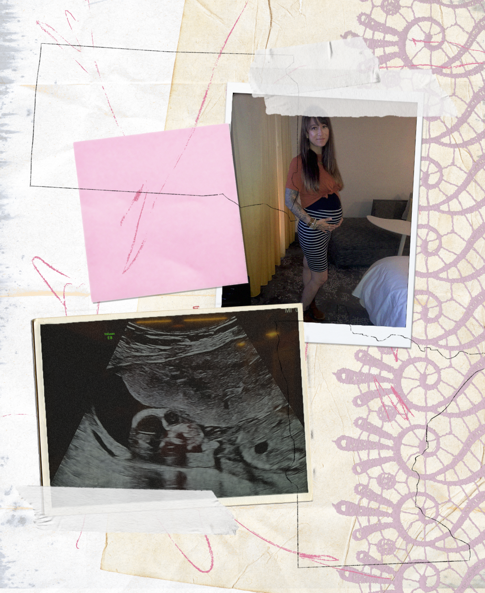 Scrapbook style image with an assortment of papers and scribbles, including outlines of Minnesota and South Dakota. Two photos, one of Danielle Campoamor holding her pregnant belly and another of an ultrasound, are part of the scrapbook.