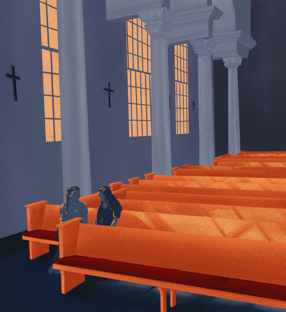 Scene of the inside of a church, with orange light streaming through the windows onto rows of pews. Two figures sit on the edge of a pew, talking to each other.