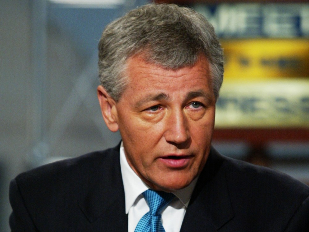 File Photo: U.S. Senator Chuck Hagel (R-NE) discusses various topics including the Middle East, National Security and the war on terrorism on NBC's 'Meet the Press' July 7, 2002 during a taping at the NBC studios in Washington, DC. (Photo by Alex...