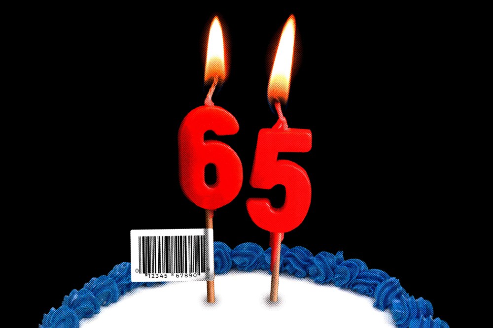 Photo illustration of "65" birthday candles in a cake
