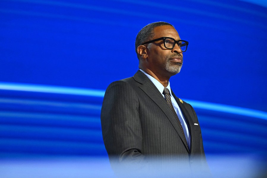 Derrick Johnson, President and CEO of the National Association for the Advancement of Colored People (NAACP) looks on on the first day of the Democratic National Convention (DNC) at the United Center in Chicago, Illinois, on August 19, 2024. 