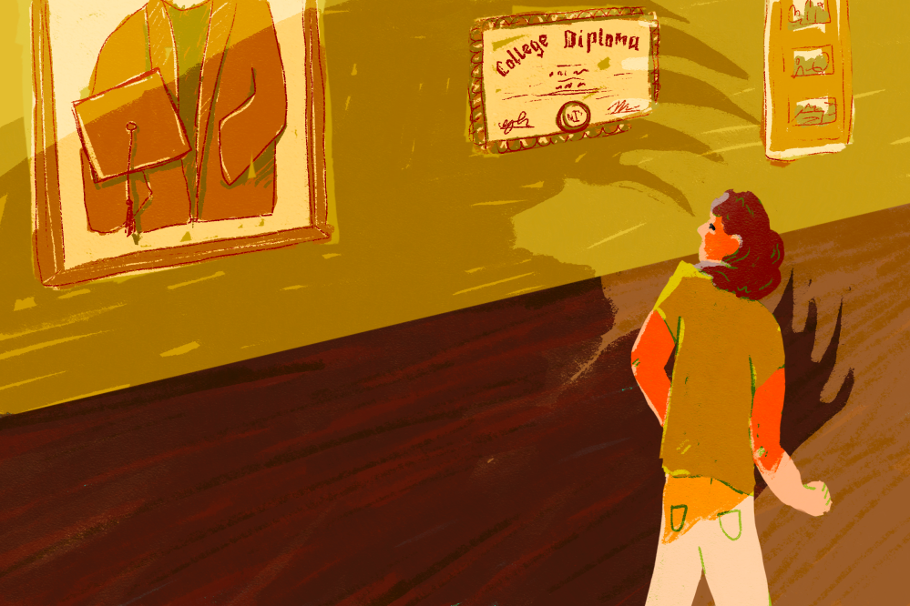 Illustration of a woman walking down a hall, turning her head towards something behind her. A large shadow with claws looms over her. On the wall, there is a framed cap and gown, a college diploma, and some photographs.