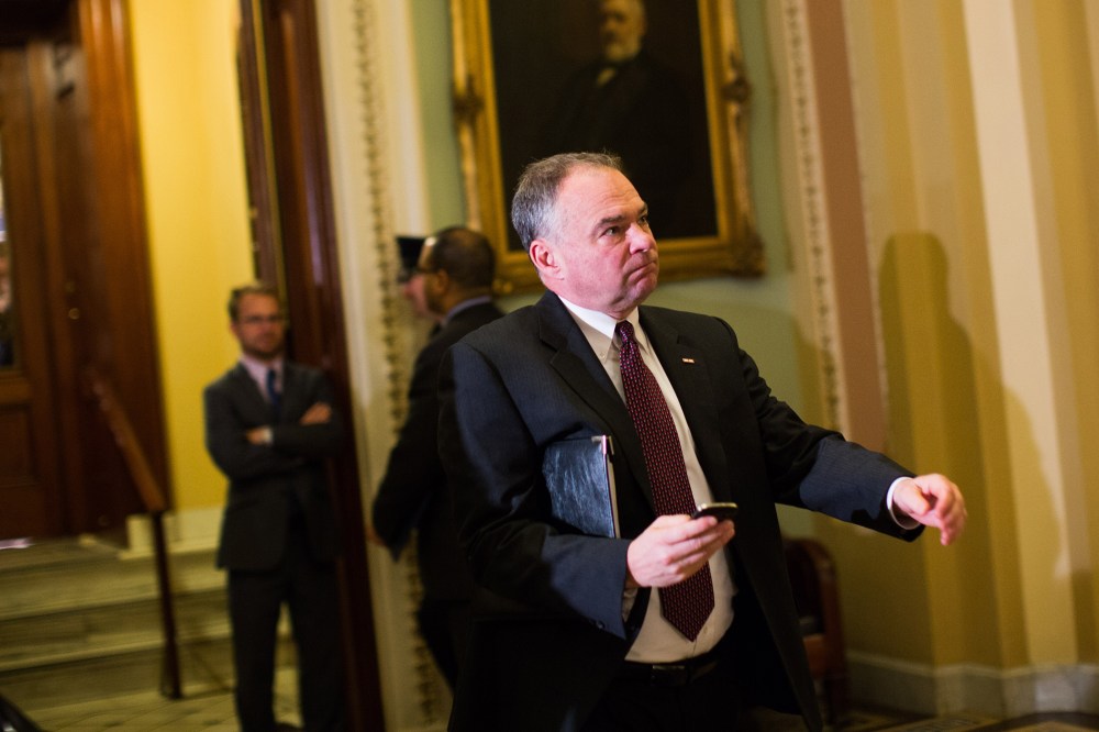 Sen. Tim Kaine (D-VA) leaves the Senate floor on Capitol Hill, November 21, 2013.