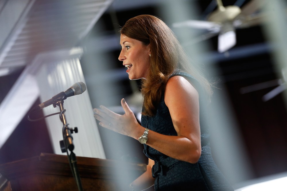 Kentucky's Democratic U.S. Senate nominee, and Kentucky Secretary of State, Alison Lundergan Grimes speaks at the Fancy Farm picnic Aug. 2, 2014 in Fancy Farm, Ky.