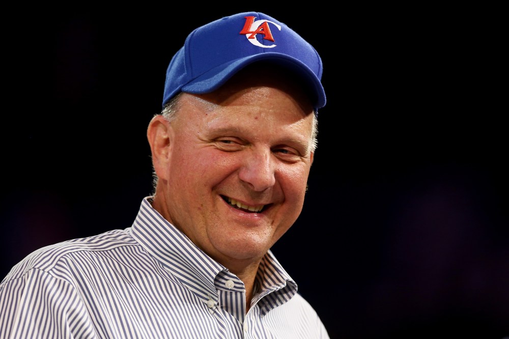 New owner of the Los Angeles Clippers Steve Ballmer looks on after being introduced for the first time during Los Angeles Clippers Fan Festival at Staples Center on Aug. 18, 2014 in Los Angeles, Calif. (Photo by Jeff Gross/Getty)