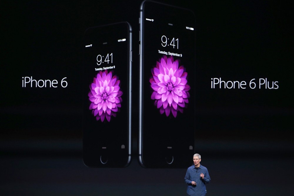 Apple CEO Tim Cook announces the iPhone 6 during an Apple special event at the Flint Center for the Performing Arts on September 9, 2014 in Cupertino, California.