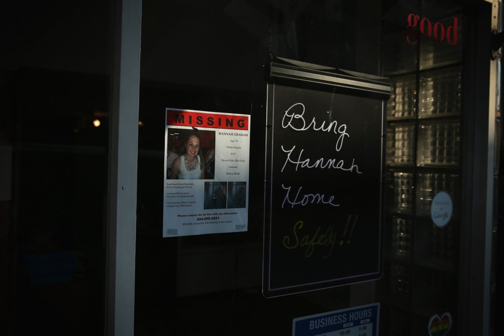 A flyer about the missing of Hannah Graham is seen Oct. 2, 2014 in Charlottesville, Va. (Photo by Alex Wong/Getty)