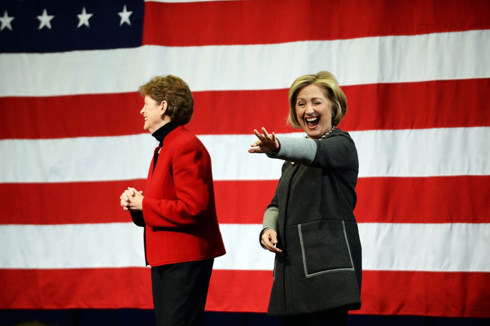 Former U.S. Secretary of State Hillary Clinton (R) campaigns with U.S. Senator Jeanne Shaheen on Nov. 2, 2014 in Nashua, N.H.