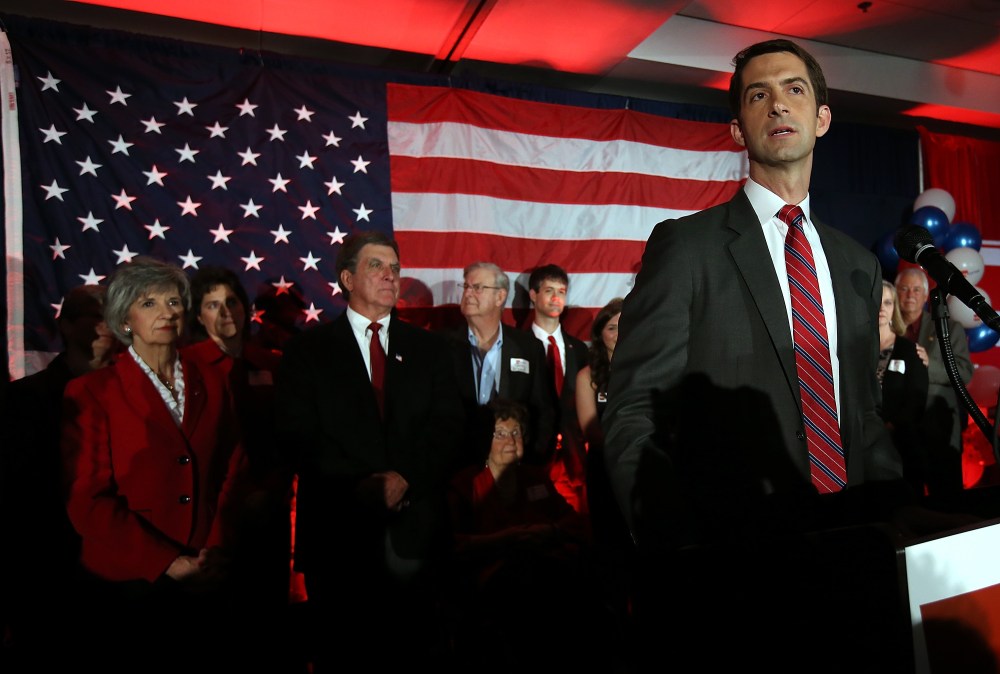 Then-US Rep. Tom Cotton (R-AR) and republican US Senate elect in Arkansas spoke to supporters during an election night gathering on Nov. 4, 2014 in North Little Rock, Ark. (Photo by Justin Sullivan/Getty)