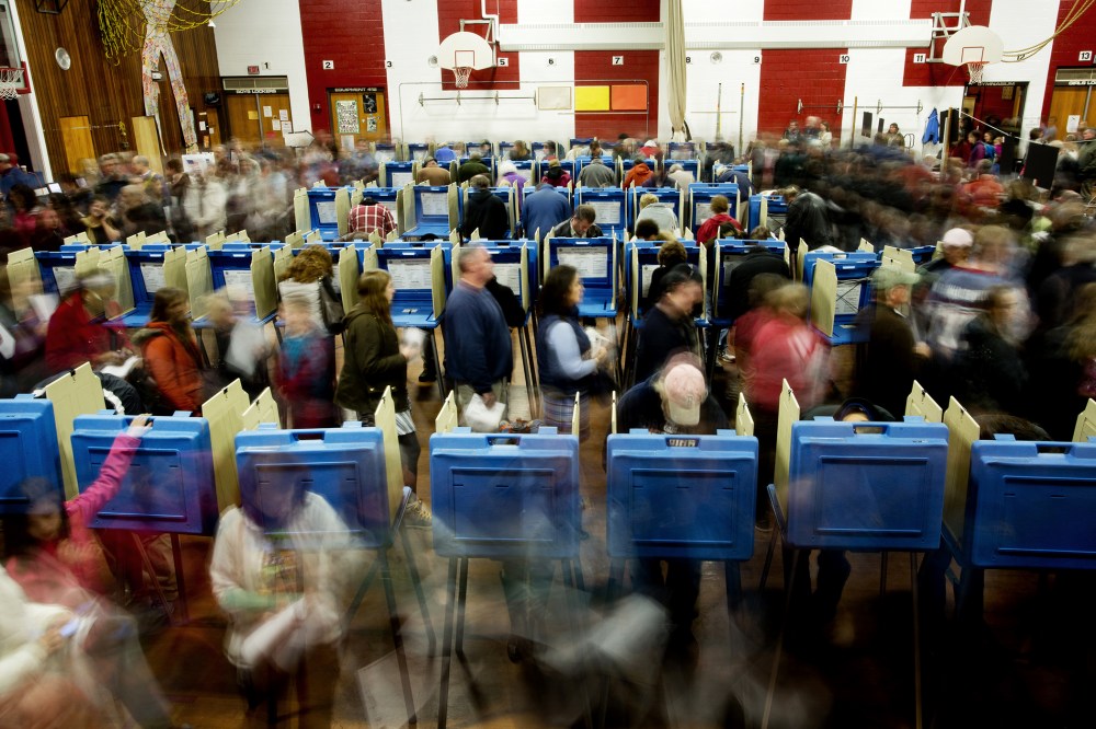 Voters streamed through the polls at Brunswick Junior High as night fell on election day in Brunswick, Maine on Nov. 4, 2014.