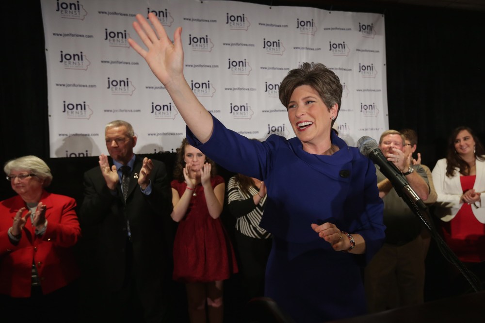 Republican U.S. Senator-elect Joni Ernst thanks her supporters after she won the U.S. Senate race on election night on November 4, 2014 in West Des Moines, Iowa. (Chip Somodevilla/Getty)