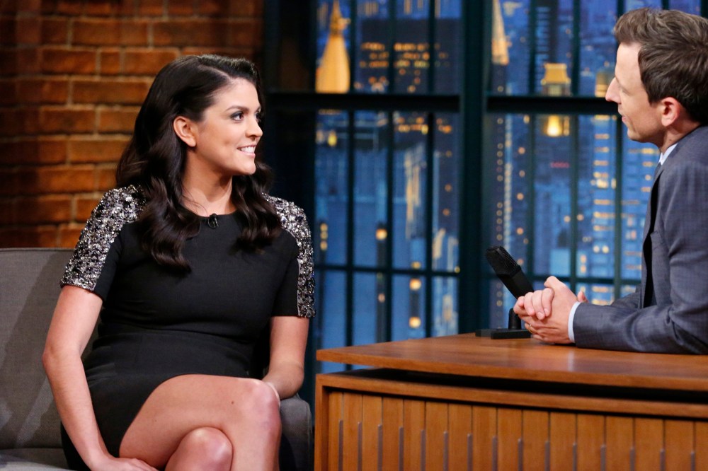 SNL star Cecily Strong during an interview with Late Night host Seth Meyers on Nov. 5, 2014.  Meyers hosted the White House Correspondents dinner in 2011.
