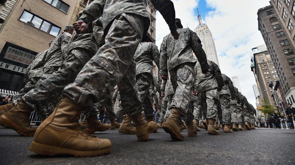 US military soldiers march during the Veterans Day Parade in New York on Nov. 11, 2014. (Photo by Jewel Samad/AFP/Getty)