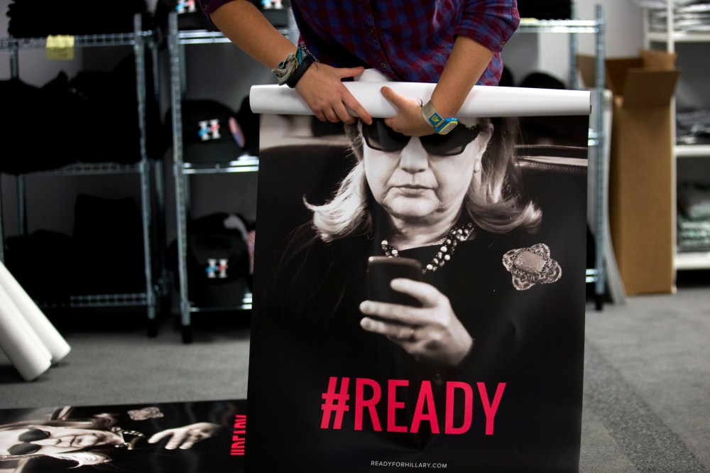Nov. 12, 2014 at the Ready For Hillary PAC headquarters in Arlington, Va. Veteran Hillary Clinton advisers say she shouldn't accelerate her early 2015 timetable for announcing whether she'll run for president. (Andrew Harrer/Bloomberg via Getty Images)