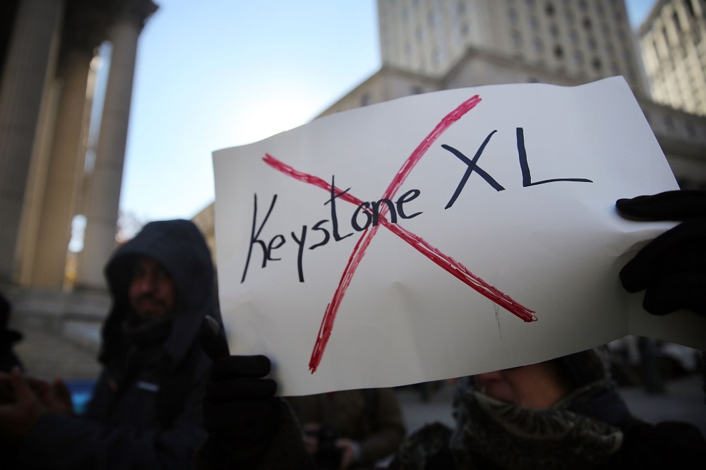 Protesters participate in an anti-Keystone pipeline demonstration in New York's Foley Square on Nov. 18, 2014 in New York City.