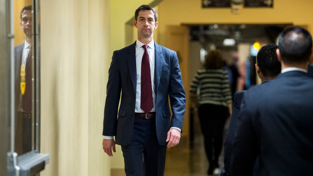 Sen. Tom Cotton, R-Ark., heads to the Senate subway following a vote in the Capitol on Jan. 8, 2015. (Photo By Bill Clark/CQ Roll Call/Getty)