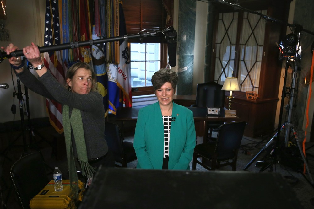 Sen. Joni Ernst (R-IA) practices the Republican response she will give after U.S. President Obama's State of the Union address, on Capitol Hill Jan. 20, 2015 in Washington, DC. (Photo by Mark Wilson/Getty)
