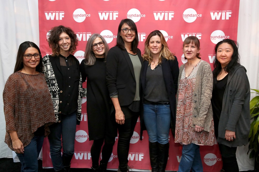 (L-R) Cristina Ibarra, Elisabeth Holm, Ruth Ann Harnisch, Sydney Freeland, Tracy Droz Tragos, Kat Candler and Su Kim attend the Woman at Sundance Brunch on Jan. 26, 2015 in Park City, Utah. (Photo by Mat Hayward/Getty for Sundance)