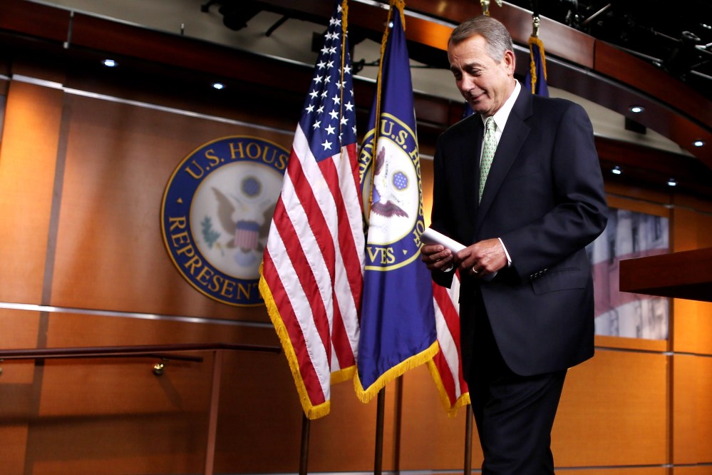 Speaker of the House John Boehner (R-OH) leaves after his weekly news conference in the Capitol Visitors Center at the US Captiol, Feb. 12, 2015 in Washington, DC. (Photo by Chip Somodevilla/Getty)