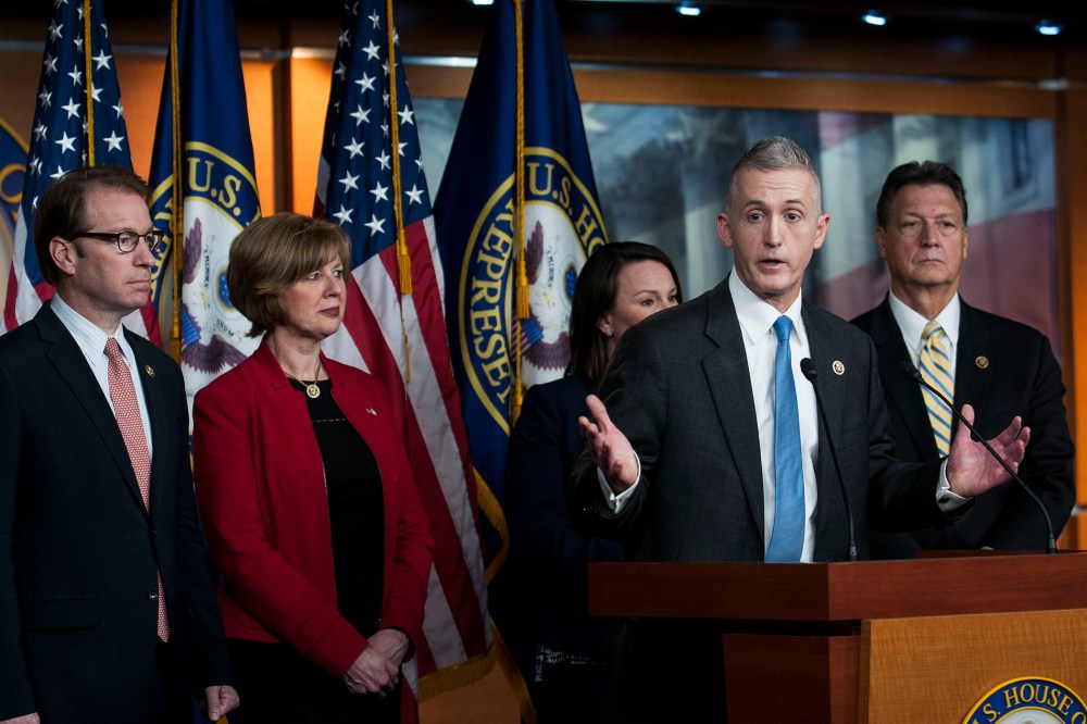 Chairman Trey Gowdy (R-SC) and other members of the House Select Committee on Benghazi speak to reporters at a press conference on the findings of former Secretary of State Hillary Clinton's personal emails at the U.S. Capitol on March 3, 2015.
