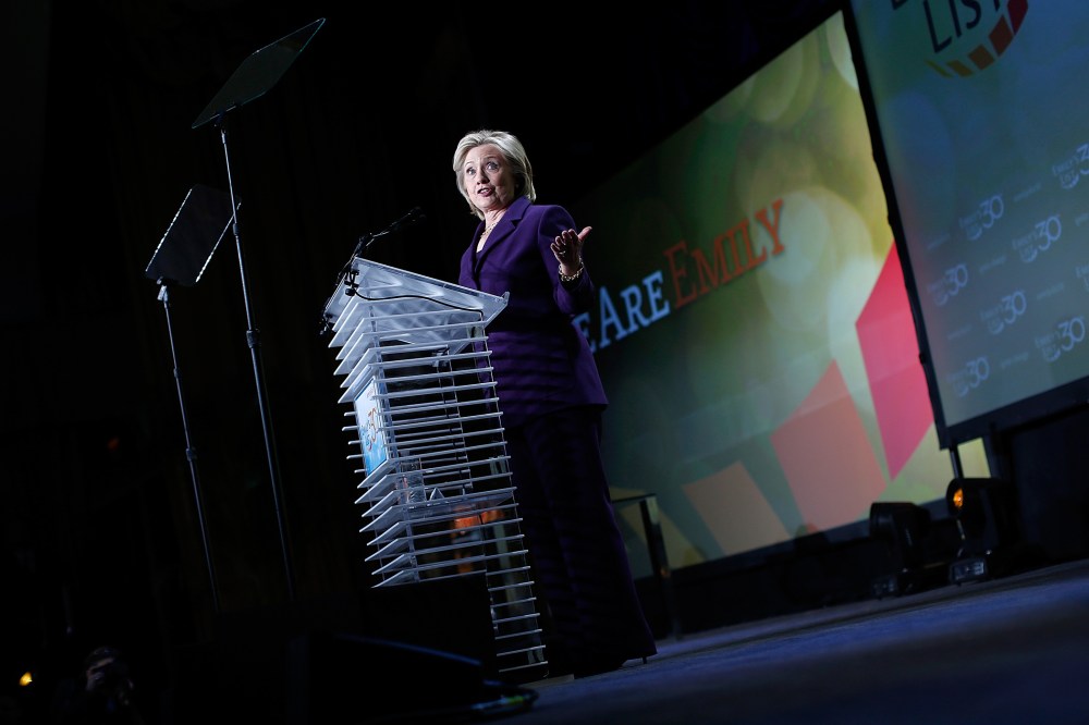 Former U.S. Secretary of State Hillary Clinton addresses the 30th Anniversary National Conference of EMILY's List on March 3, 2015 in Washington, DC. (Photo by Win McNamee/Getty)