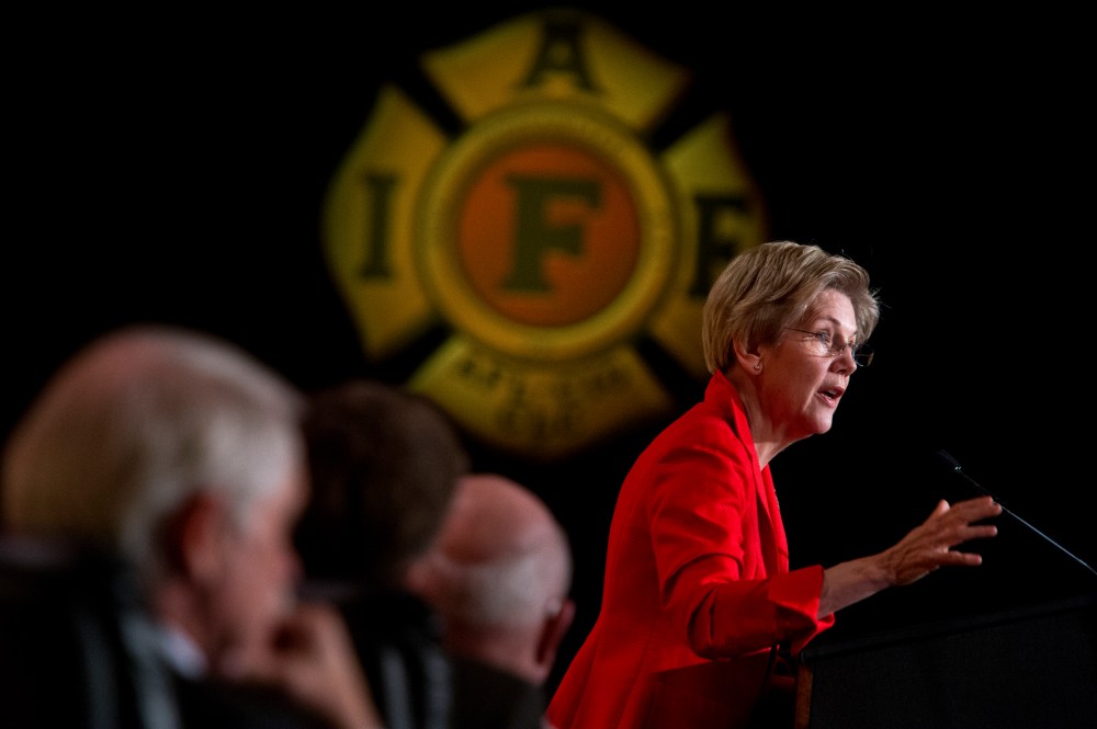 Elizabeth Warren speaks during the International Association of Fire Fighters Legislative Conference General Session at the Hyatt Regency on Capitol Hill, March 9, 2015. (Photo By Tom Williams/CQ Roll Call via Getty)