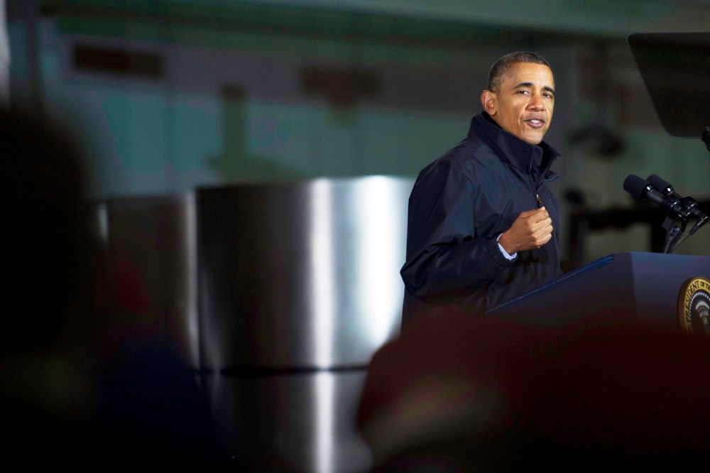 U.S. President Barack Obama speaks at the USX Irvin Works January 29, 2014 in West Mifflin, Pennsylvania.