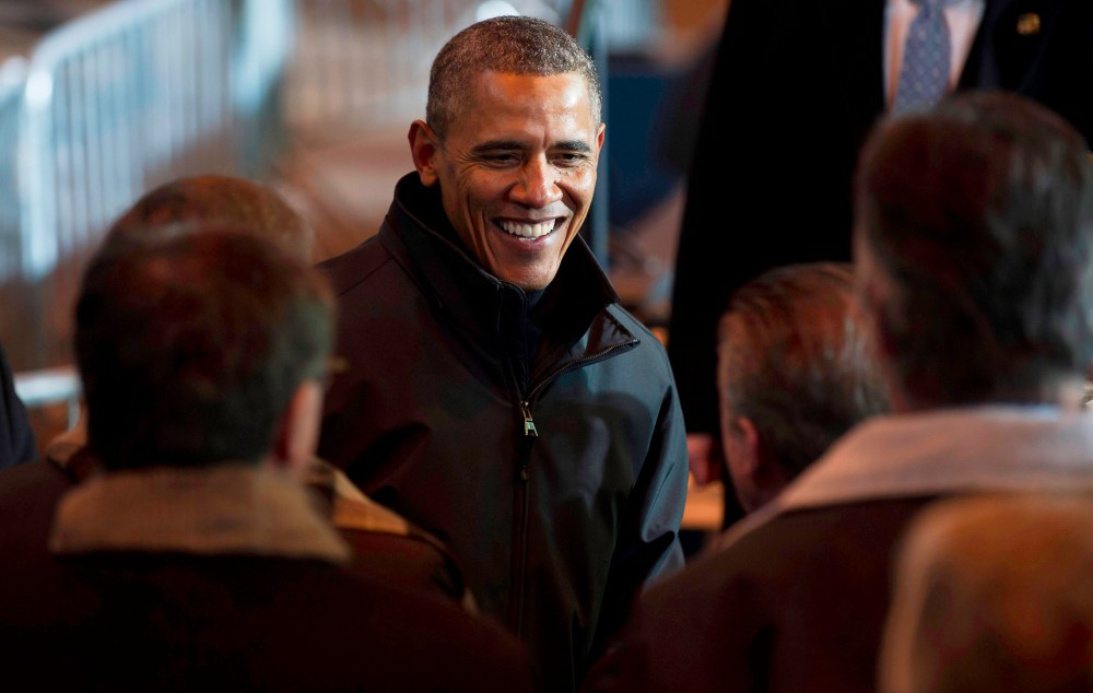 U.S. President Barack Obama greets people at the USX Irvin Works Jan. 29, 2014 in West Mifflin, Penn.