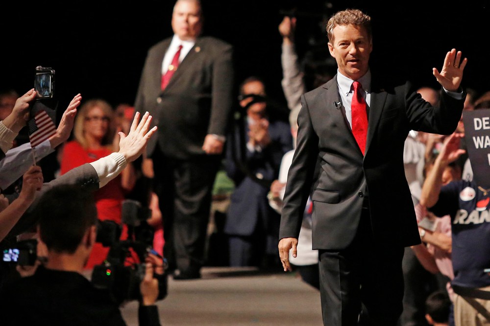 Sen. Rand Paul (R-KY) waves to supporters after taking the stage to announce his candidacy for the Republican presidential nomination during an event at the Galt House Hotel on April 7, 2015 in Louisville, Ky. (Photo by Luke Sharrett/Getty)
